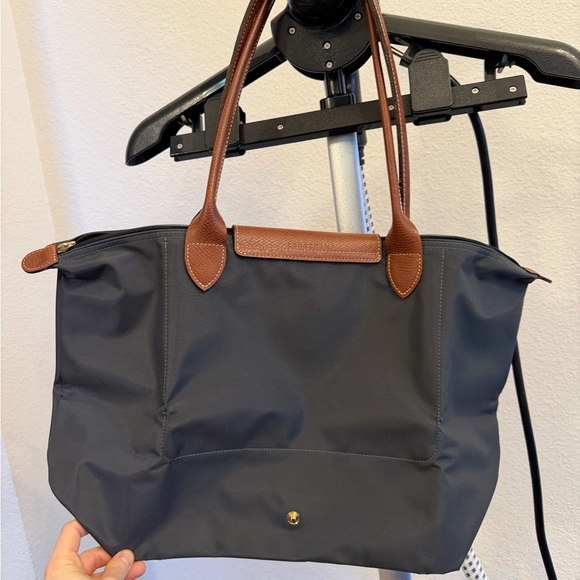 Longchamp Le Pliage Classic Large Gray Tote with Brown Leather Trim - Picture 2 of 10